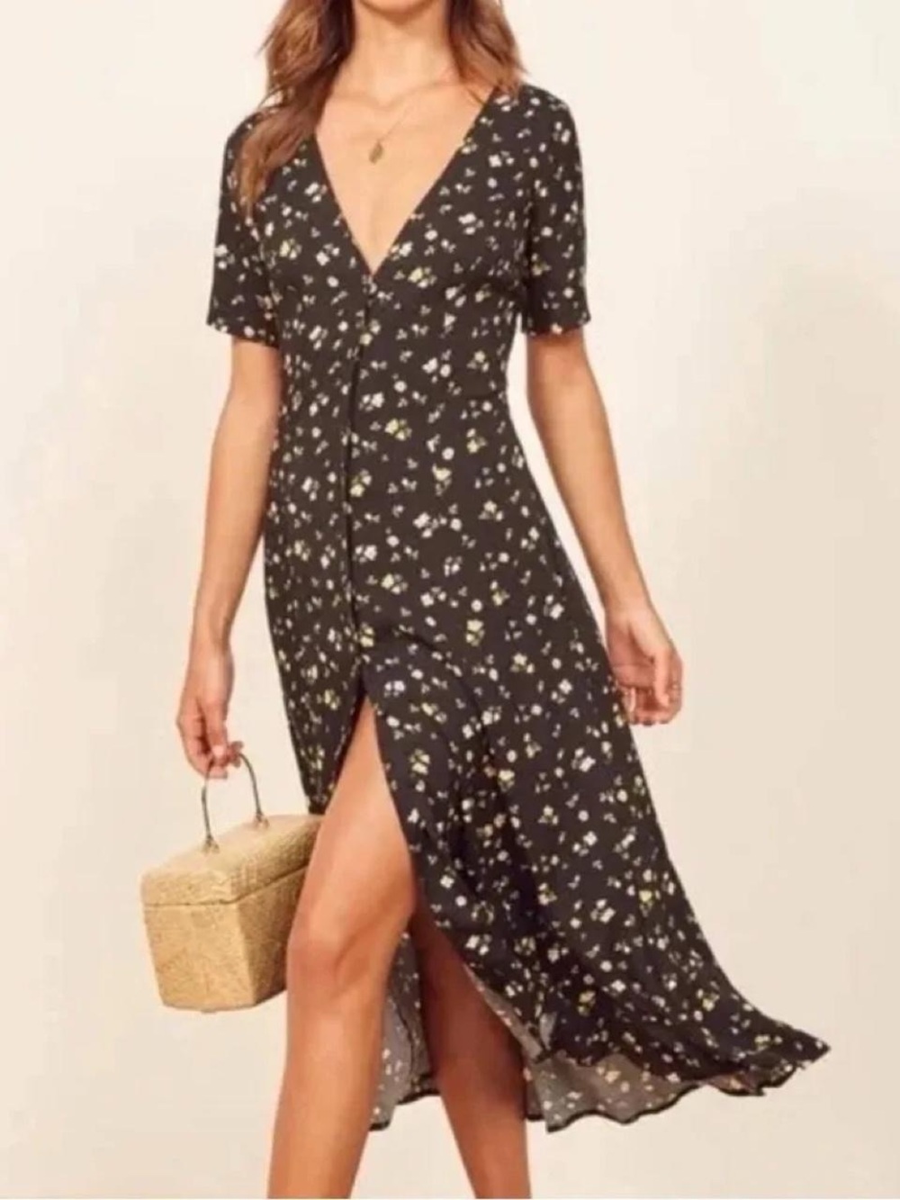 Reformation Floral Button-Front Black Midi Dress